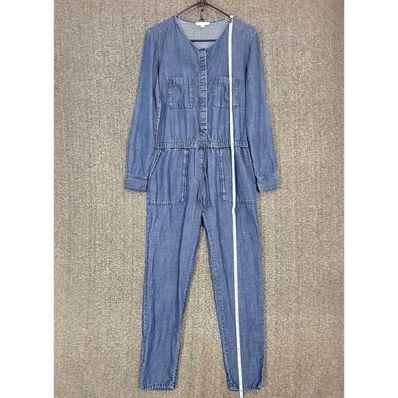 Loft Jumpsuit Womens XS Blue Chambray Long Sleeve V-Neck Lyocell Linen Blend - Picture 4 of 16